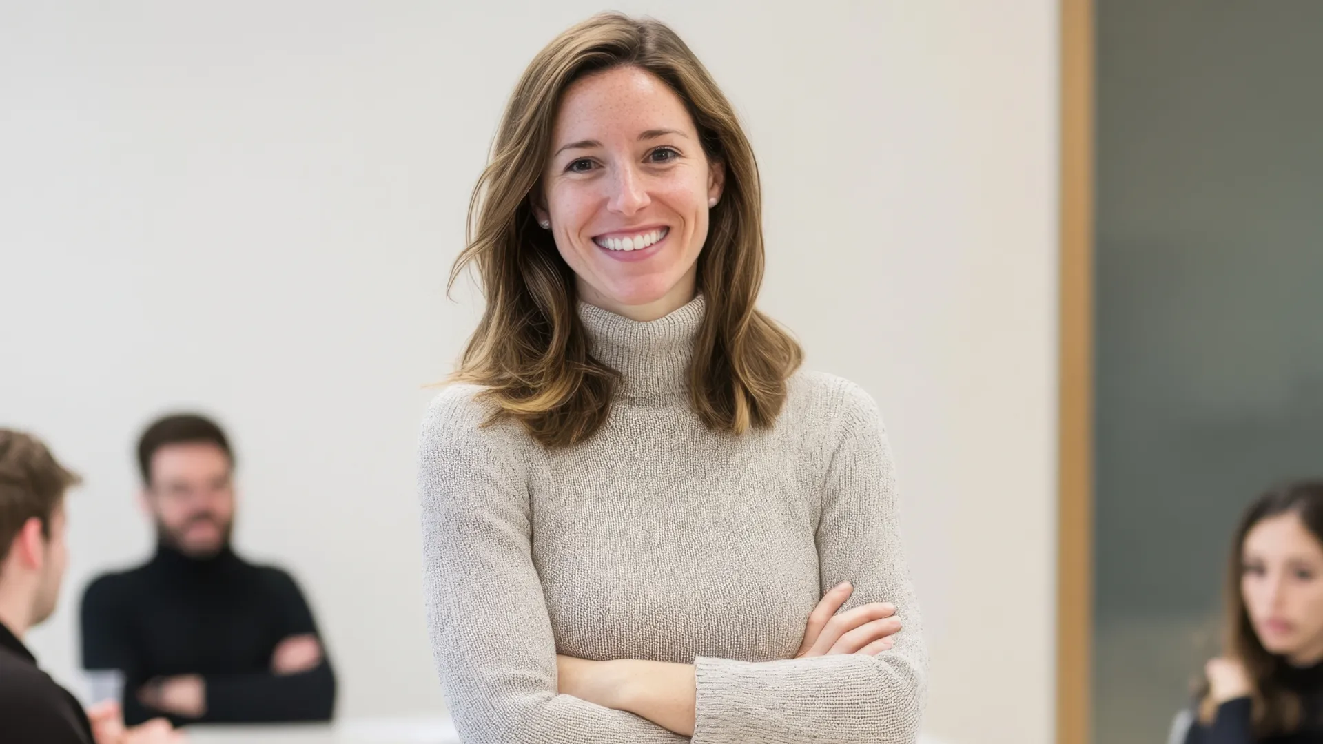 Lächelnde Frau mit verschränkten Armen im beigen Rollkragenpullover.