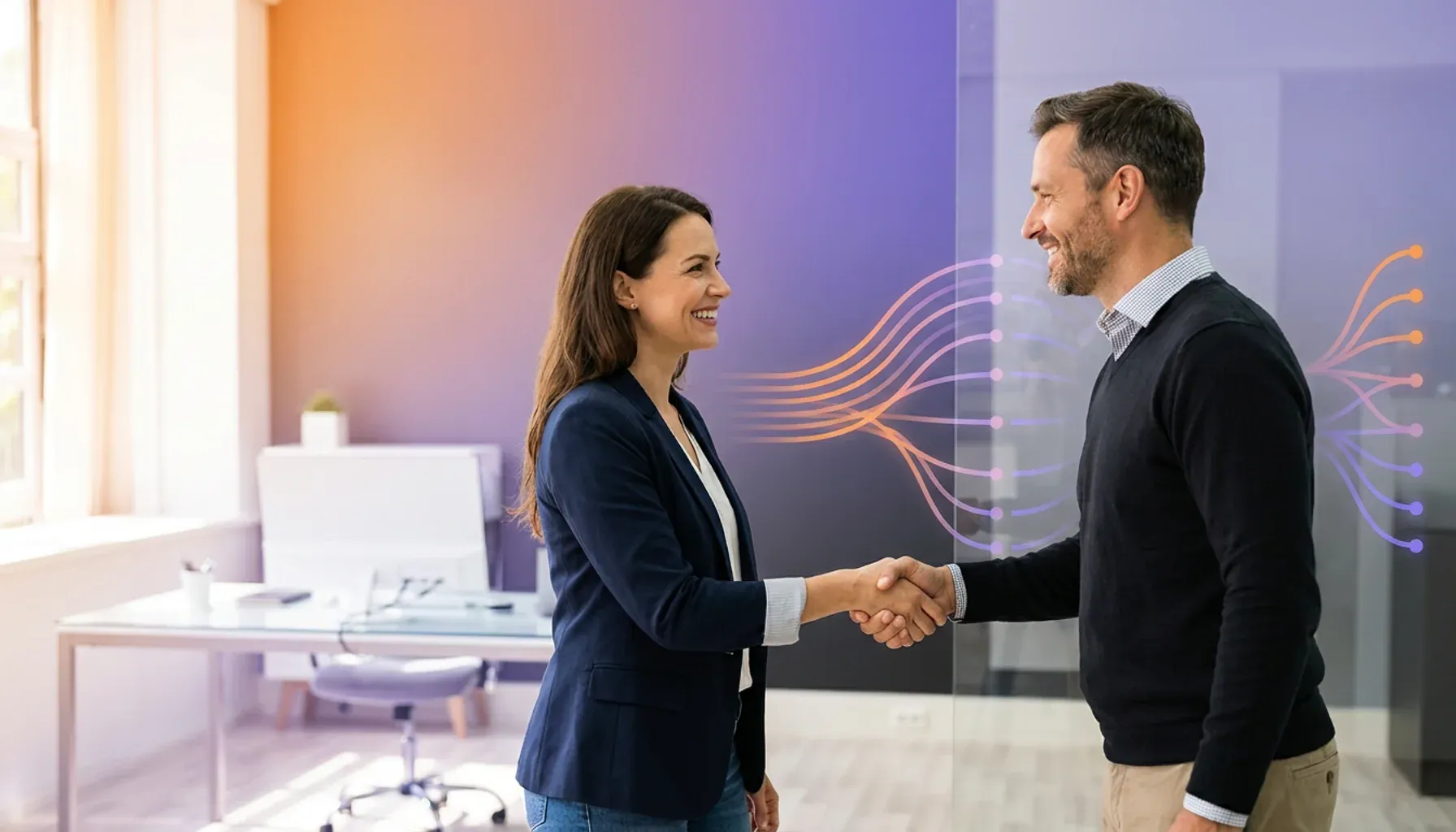 Smiling business professionals shaking hands in an office with digital network graphics overlay.