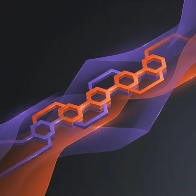 Interlocking 3D orange and purple hexagons over flowing translucent waves.