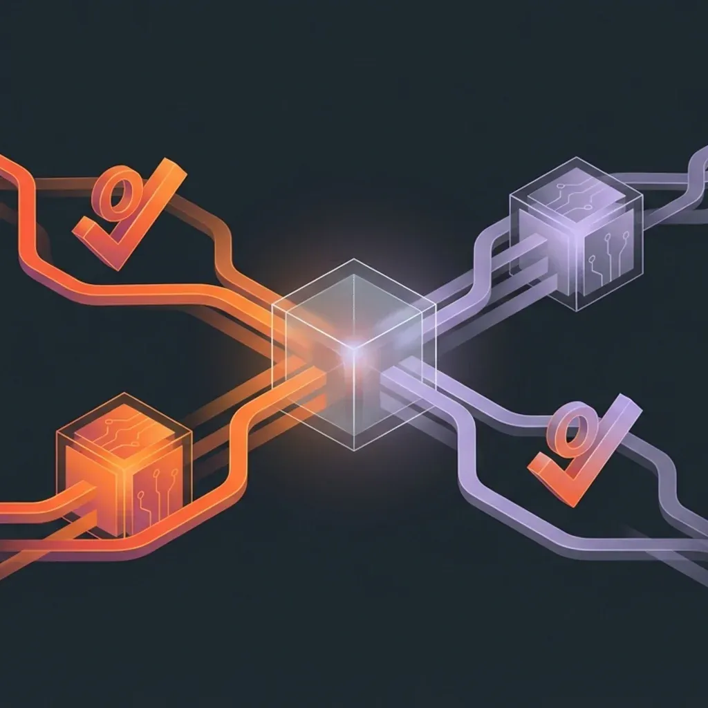 Glowing cubes connected by orange and purple lines with checkmarks.