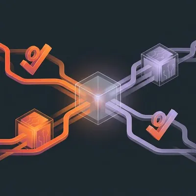 Glowing cubes connected by orange and purple lines with checkmarks.