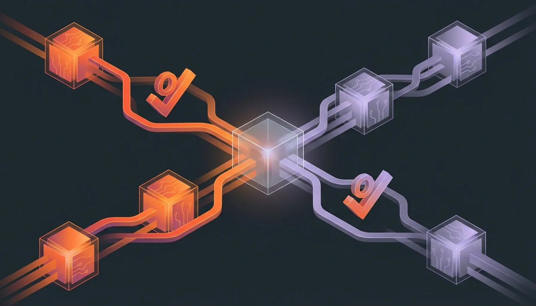 Glowing cubes connected by orange and purple lines with checkmarks.