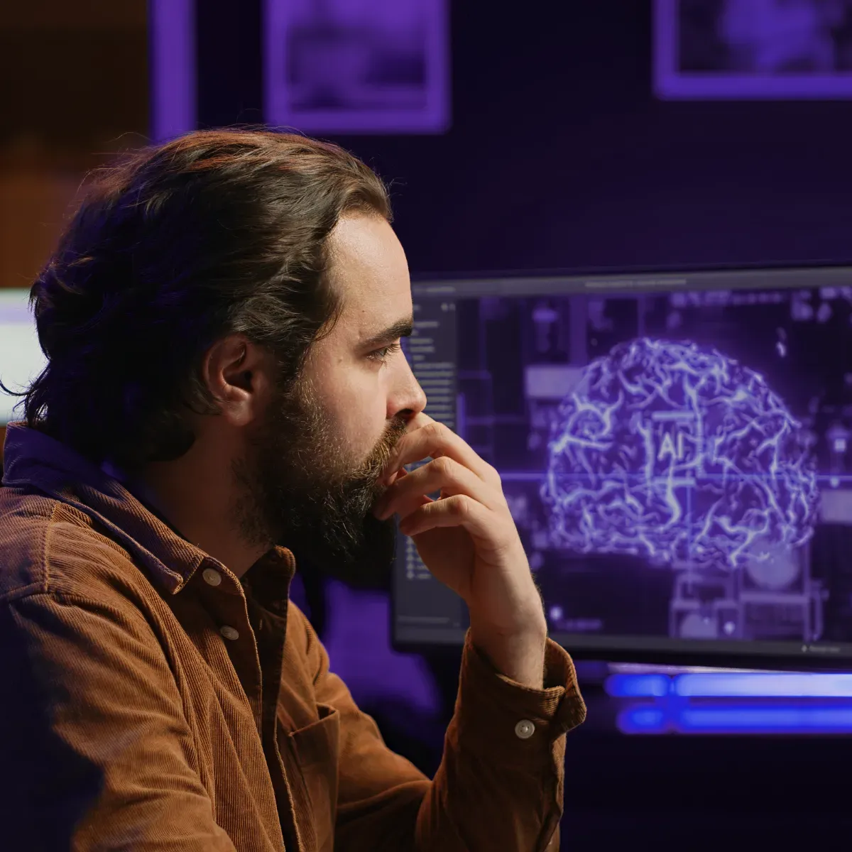 Man sitting focused in front of a monitor with glowing AI brain graphic.