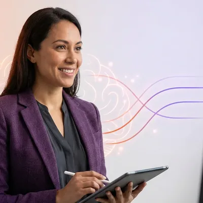 Smiling businesswoman with a tablet and stylus looking at a monitor, abstract brain background.