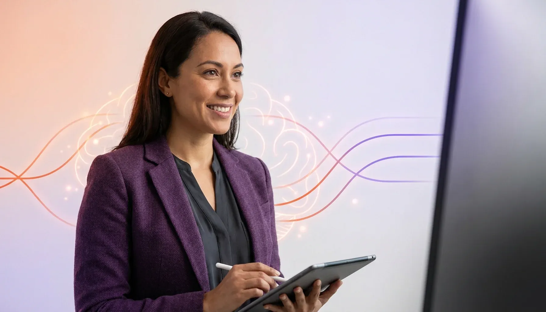 Smiling businesswoman with a tablet and stylus looking at a monitor, abstract brain background.