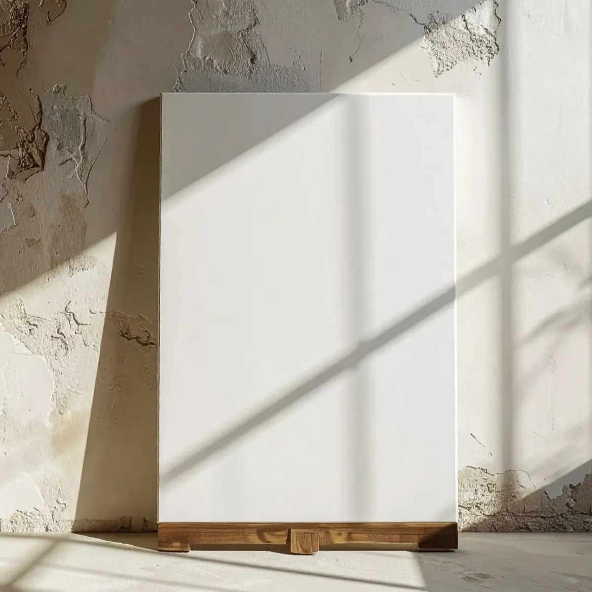Empty white canvas standing in a bright room with textured walls