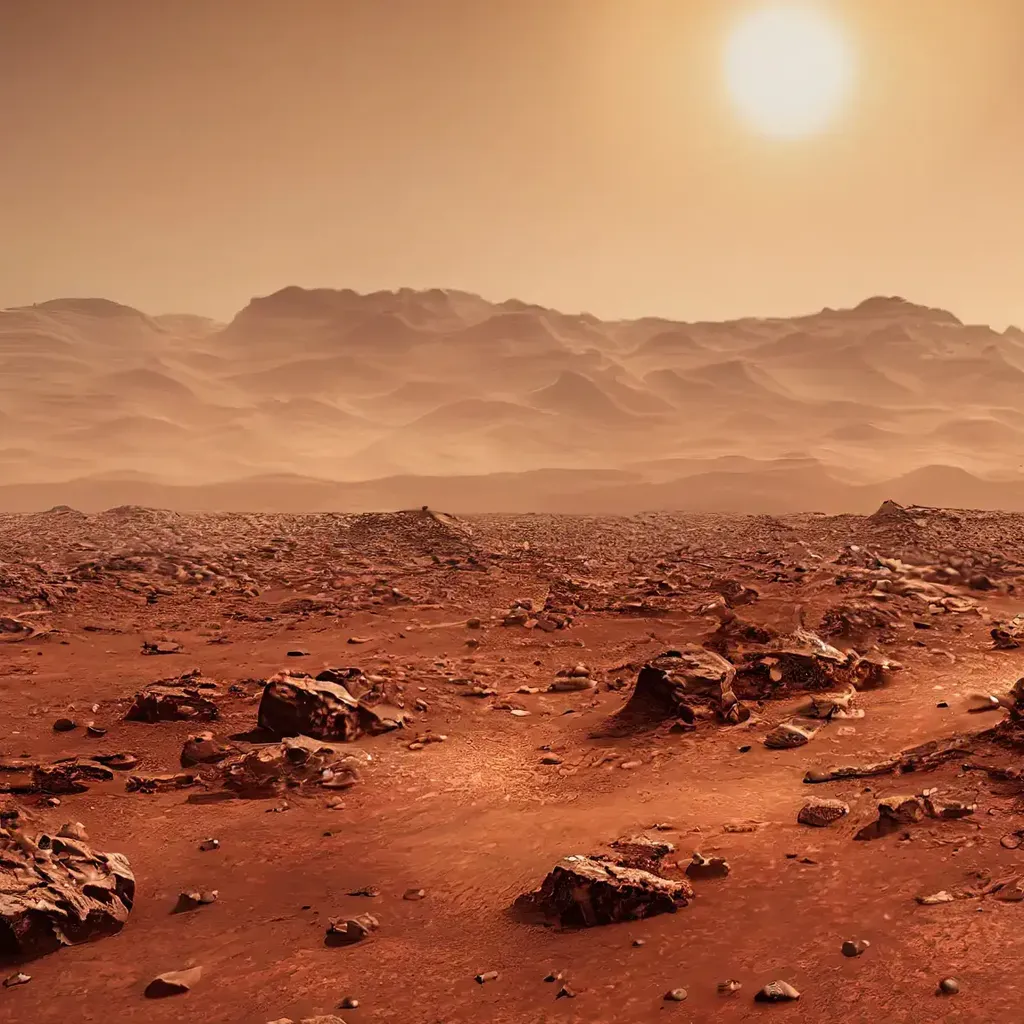 A rocky, red Martian landscape with mountains under a hazy sun.