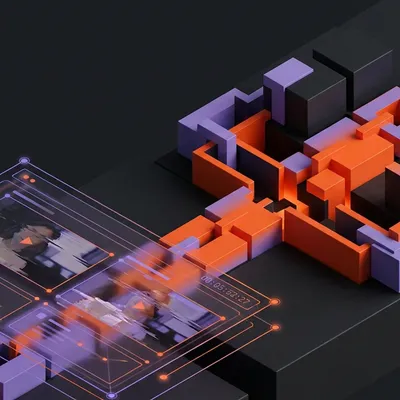 3D chain of purple and orange blocks intersecting digital video screens.