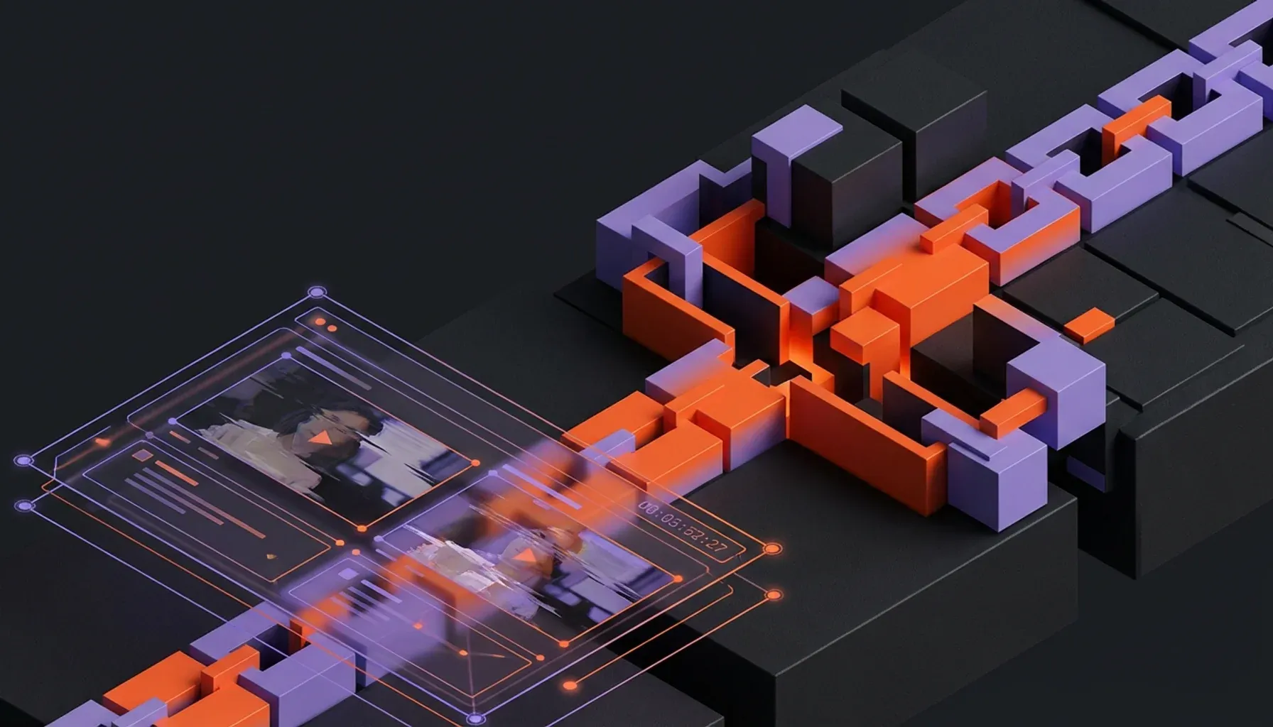 3D chain of purple and orange blocks intersecting digital video screens.