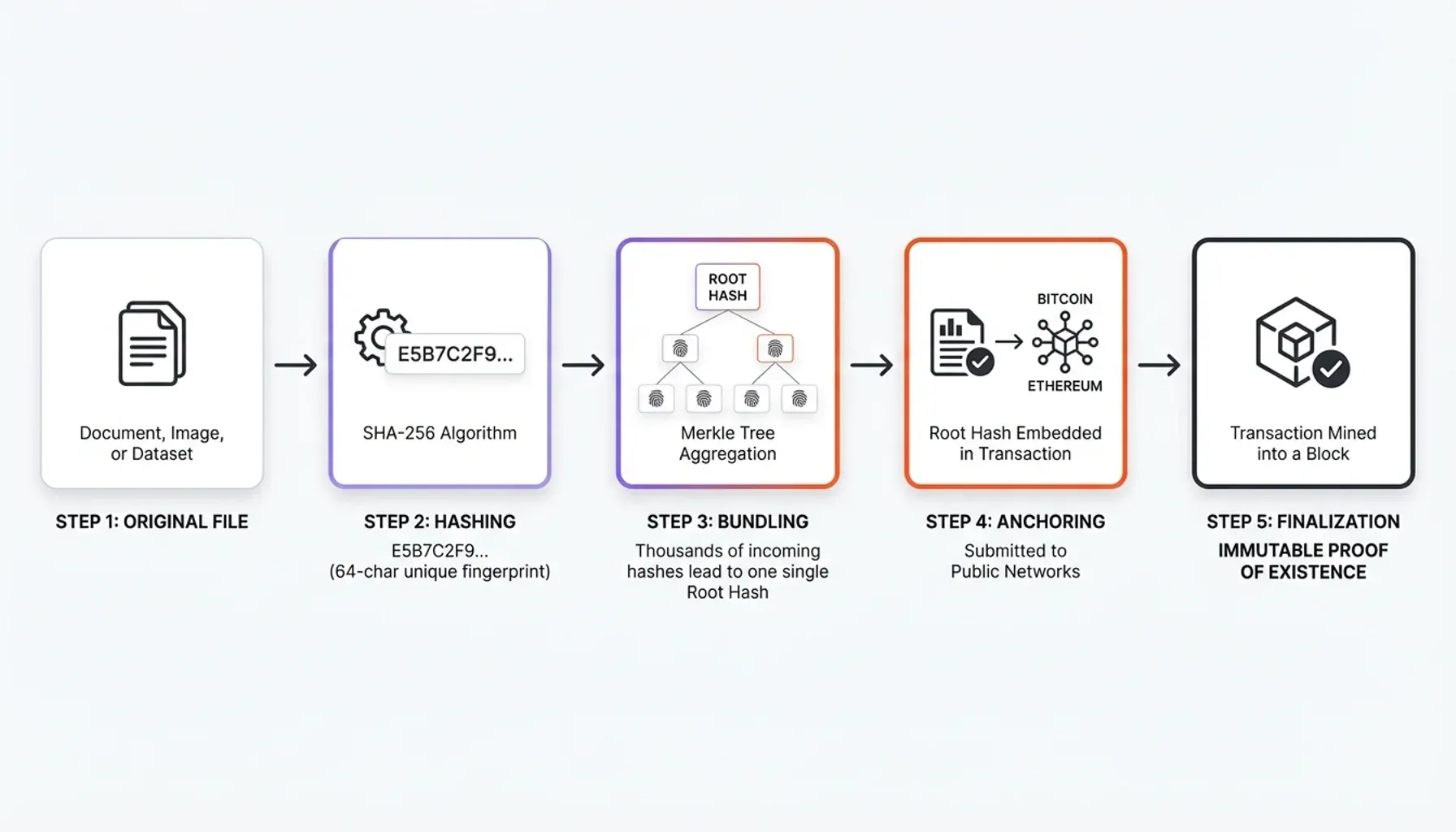 Blockchain timestamping infographic showing data integrity metrics and verification rates across document timestamps.