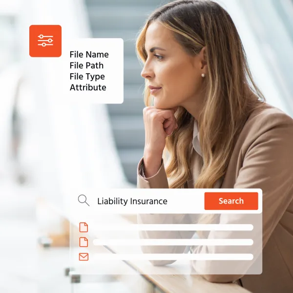 Woman thinking beside a digital search interface for liability insurance.