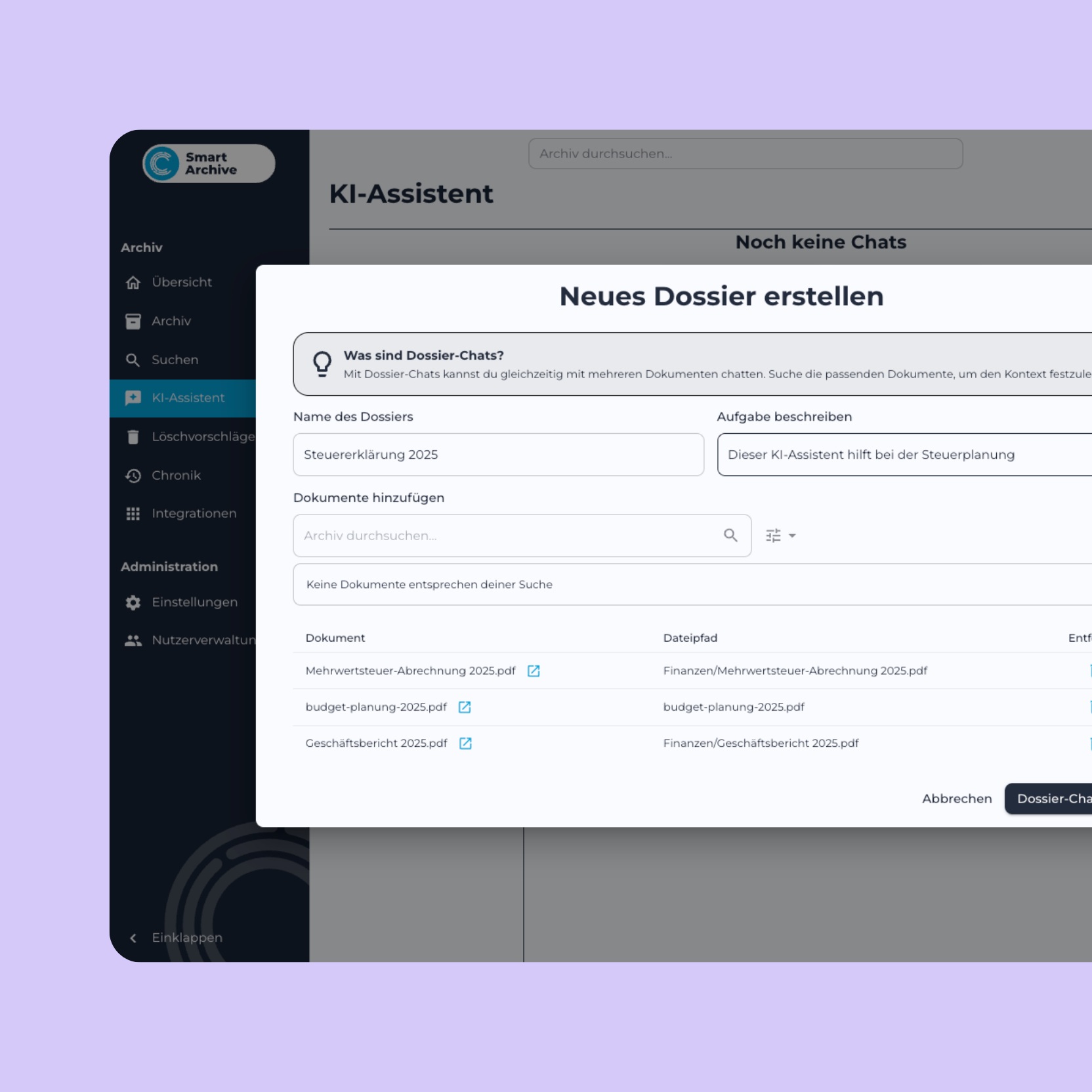 CENT Smart Archive interface: AI-based dossier chat