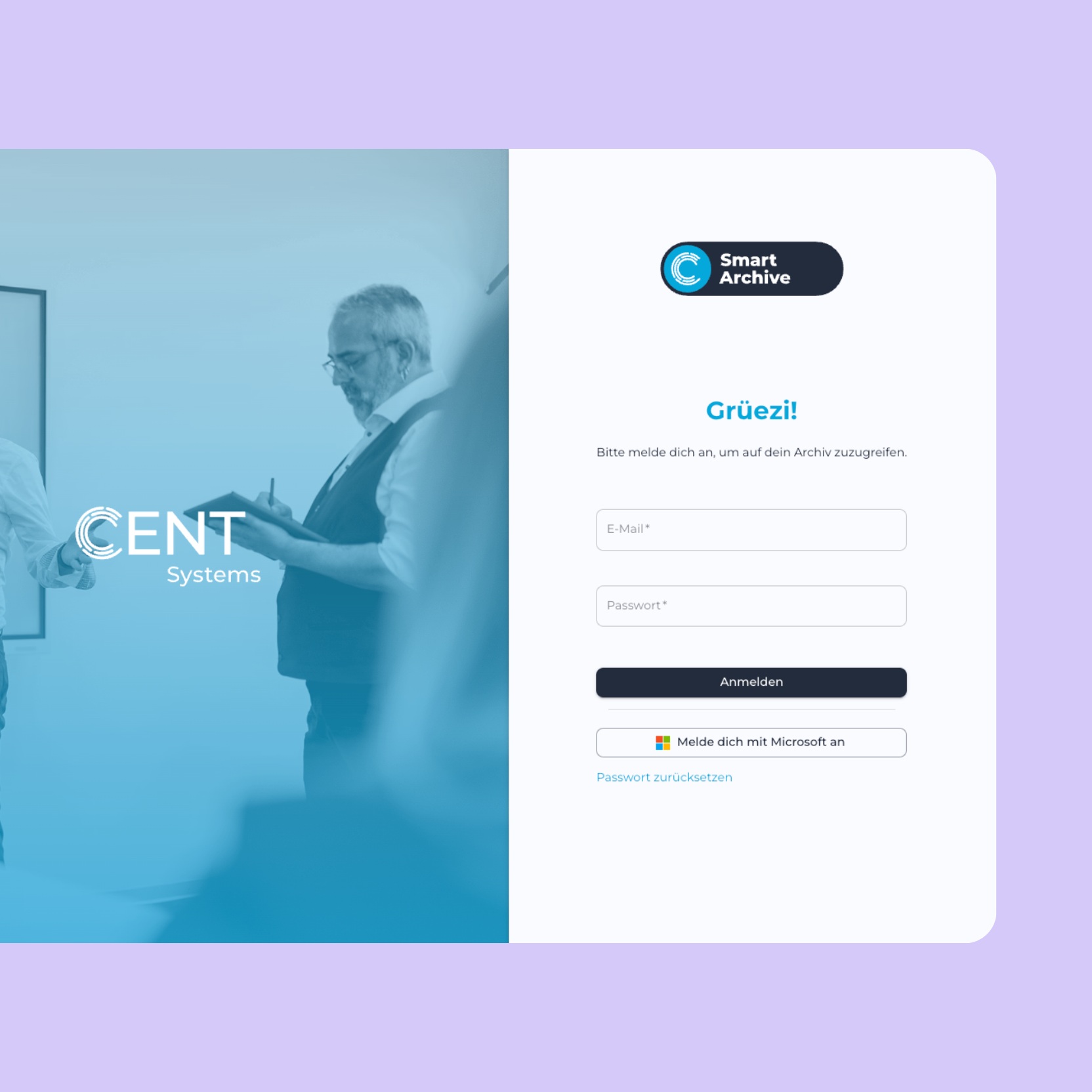 CENT Smart Archive interface: Login screen with CENT branding