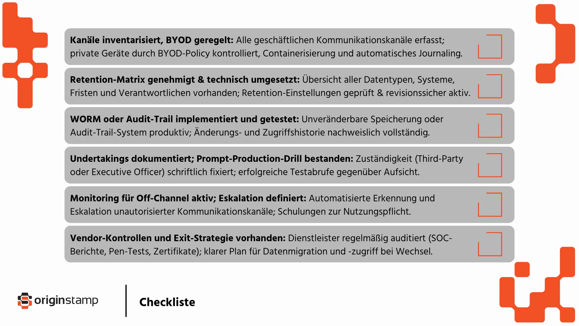 Checkliste um die SEC Rule 17a-4 zu einzuhalten.