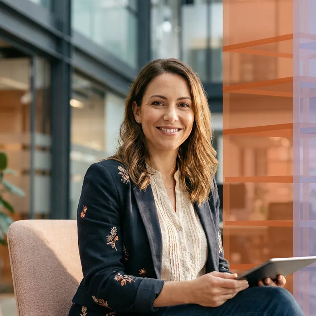 Smiling businesswoman in an office holding a tablet, with abstract colored blocks overlaid.