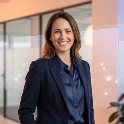 Smiling businesswoman in a modern office with abstract digital network overlays.