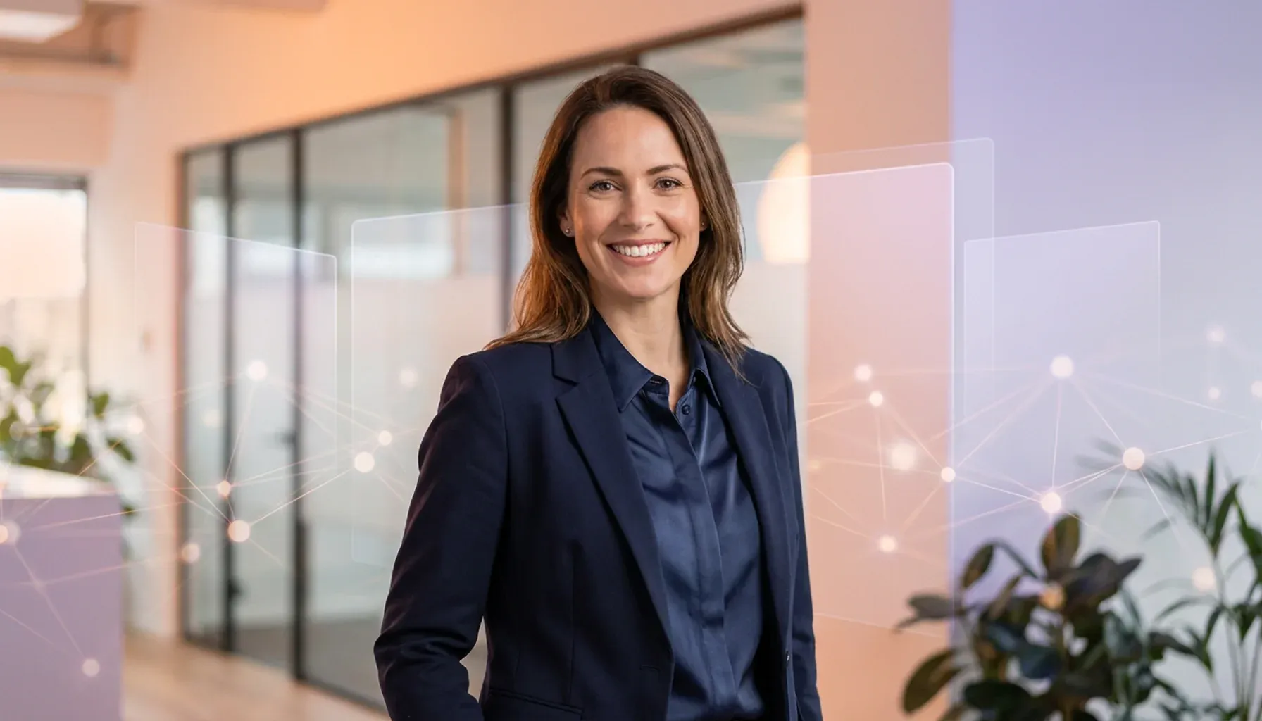 Smiling businesswoman in a modern office with abstract digital network overlays.