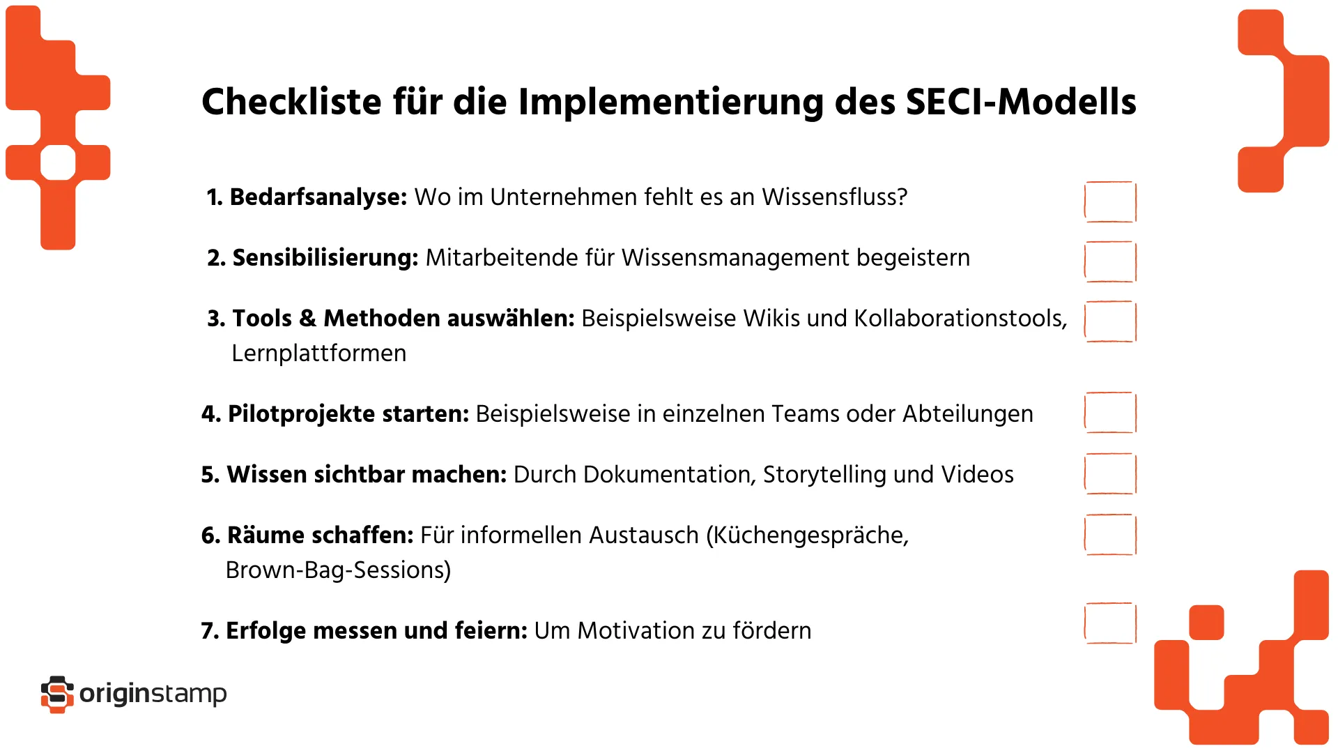 Checkliste mit 7 Schritten für die Implementierung des SECI-Modells.
