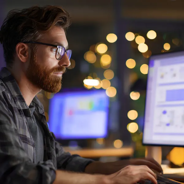 Entwickler arbeitet nachts konzentriert am Computer