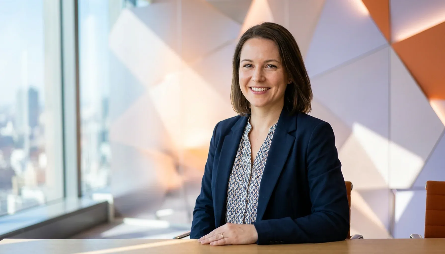 Smiling businesswoman in a blue blazer sitting at a desk in a modern office.