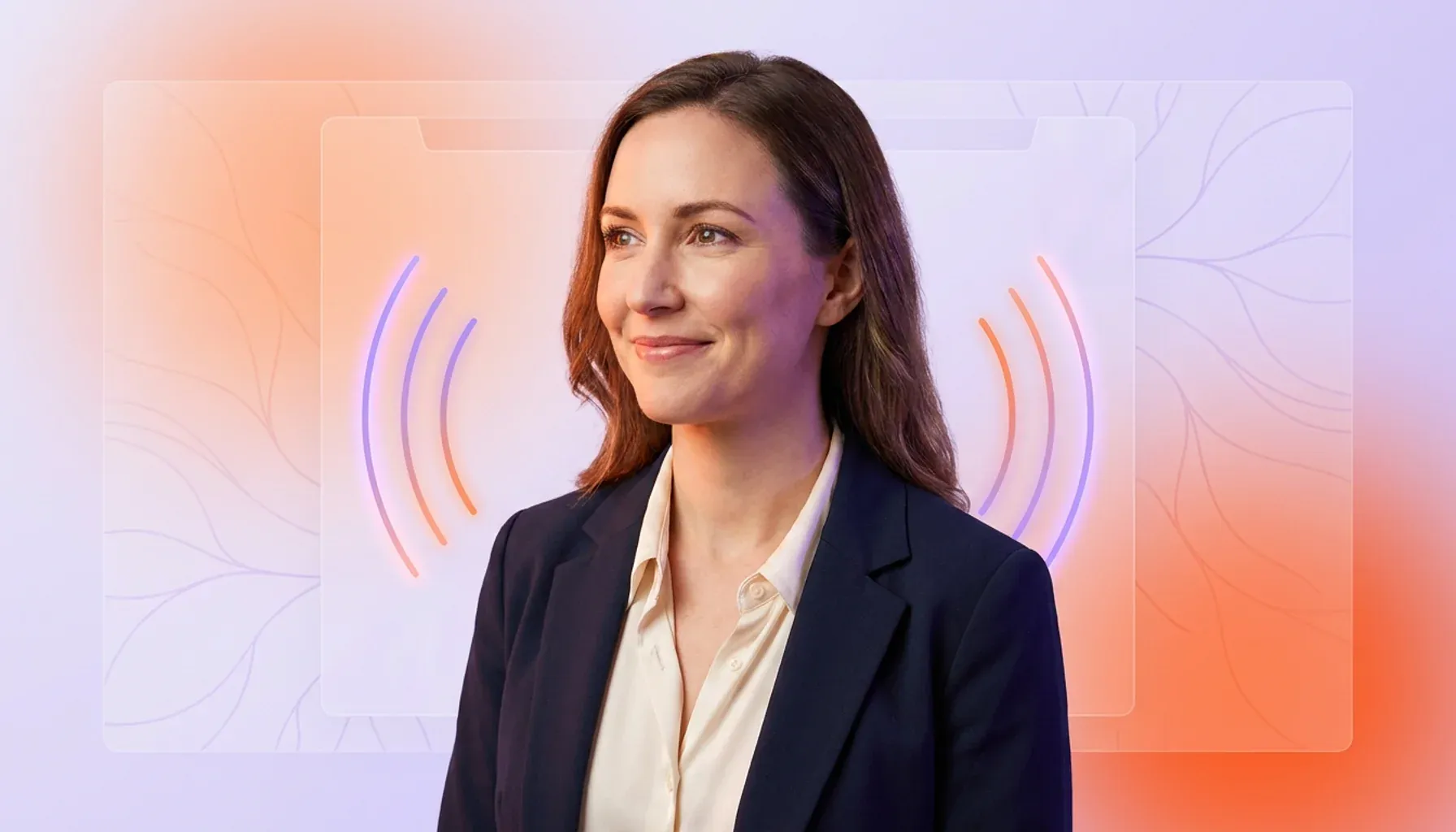 Professional woman smiling against an abstract background with glowing wave symbols.