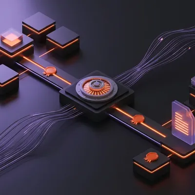 3D network with glowing orange lines connecting blocks and document icons.