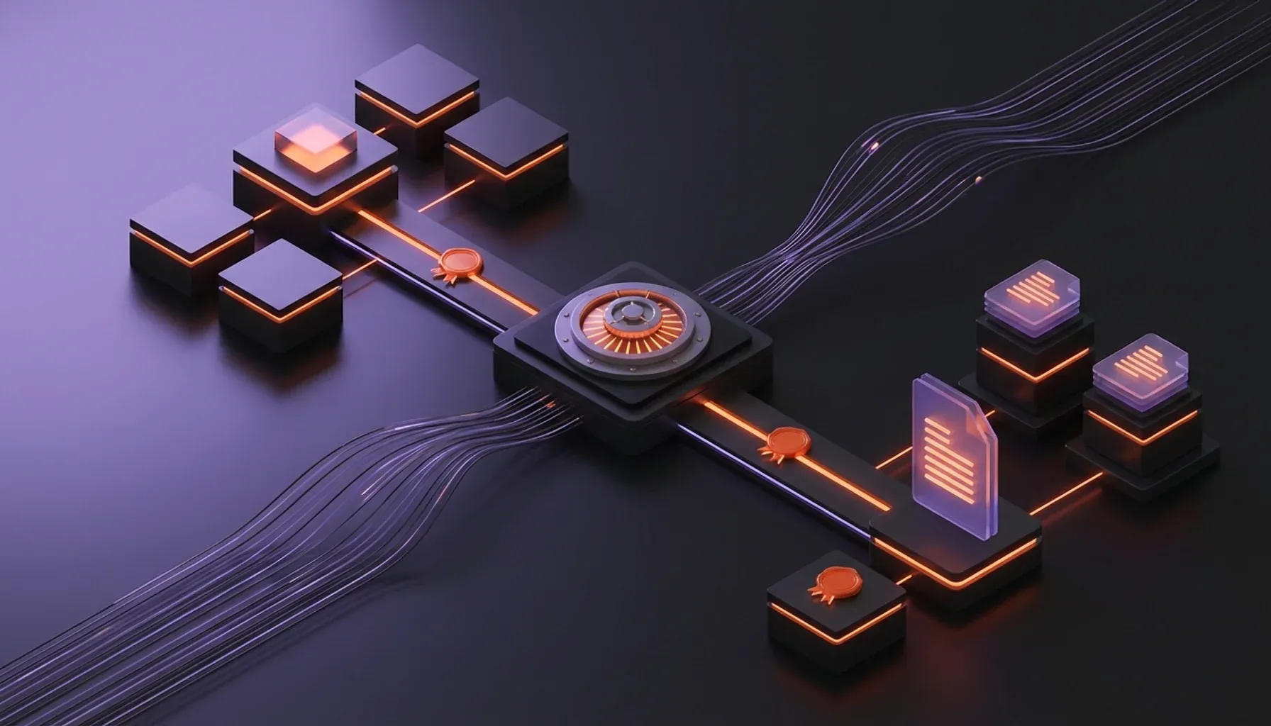 3D network with glowing orange lines connecting blocks and document icons.