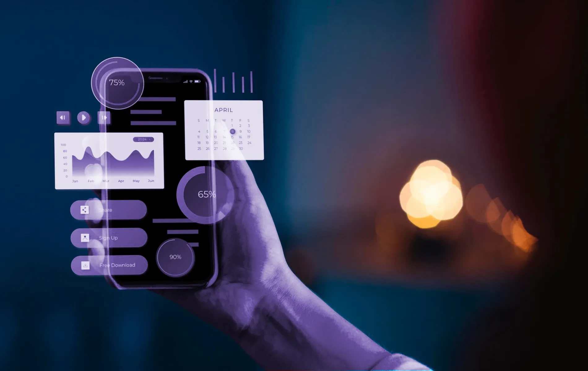 Hand holding smartphone with floating purple holographic charts and data.