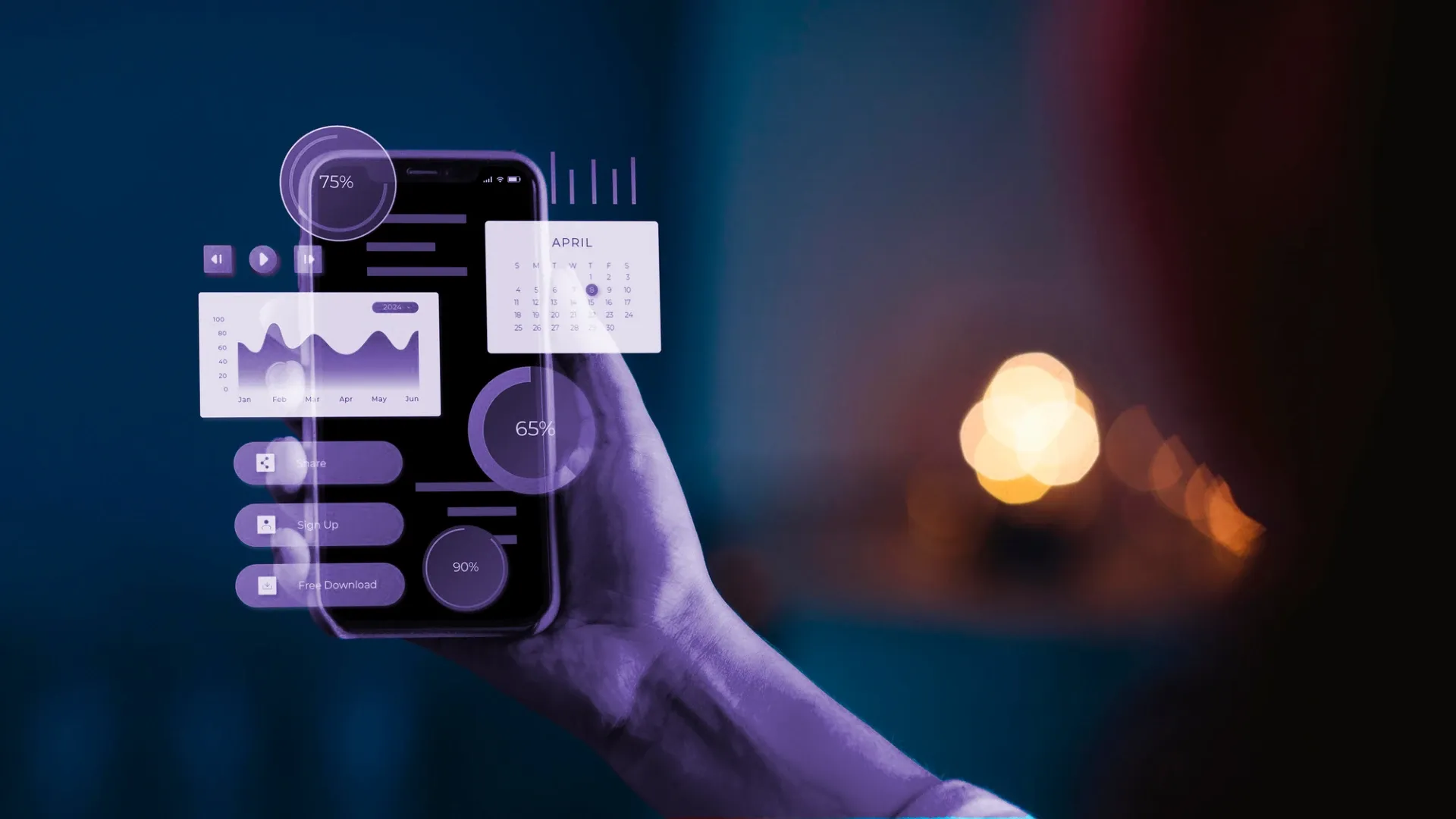 Hand holding smartphone with floating purple digital graphs and data.