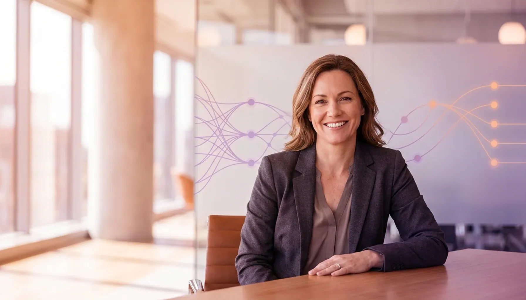 Smiling businesswoman at an office table with abstract digital network graphics in the background.