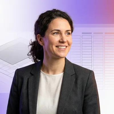 Smiling businesswoman looking aside, with faint spreadsheet and 3D diagram graphics in the background.