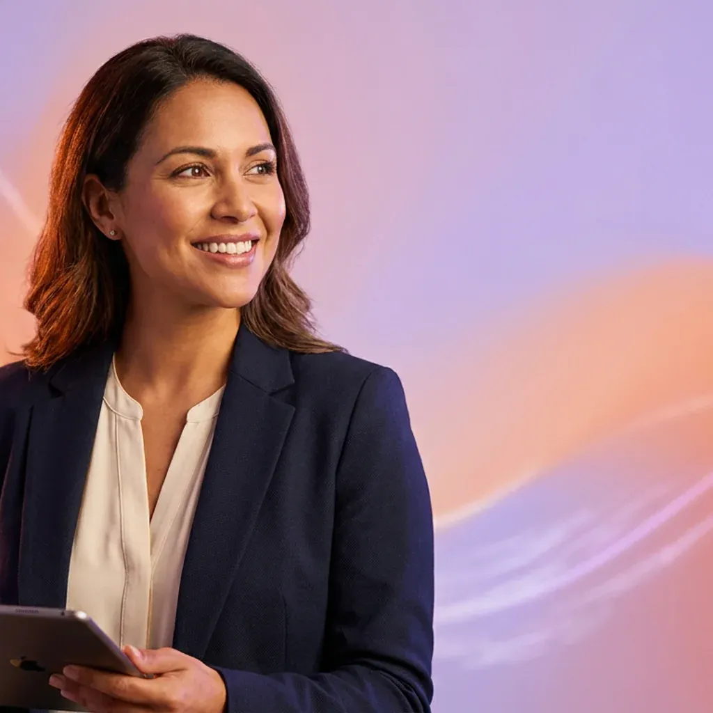 Smiling businesswoman holding a tablet with an Apple logo and a stylus.