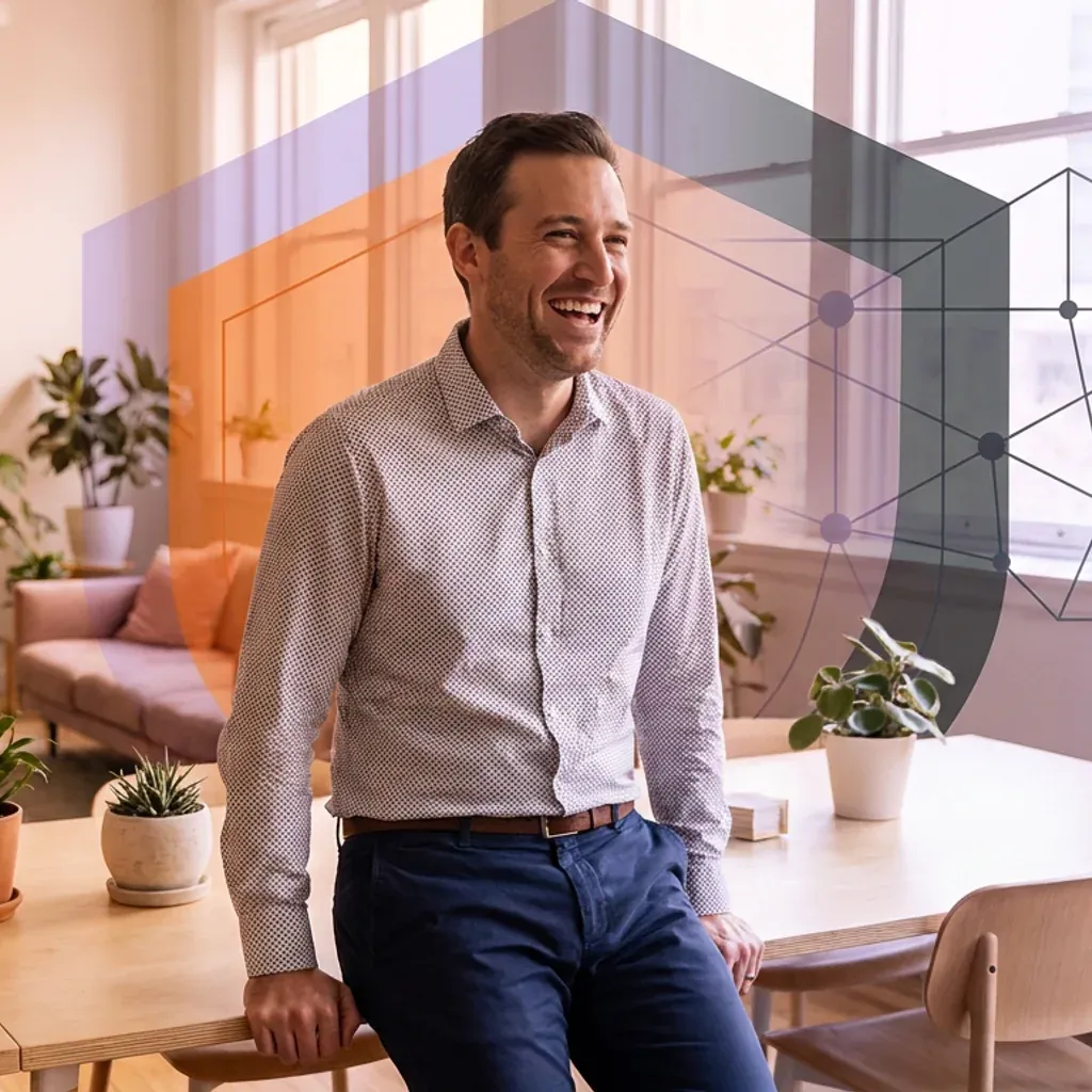 Smiling man leaning on a desk talking to a colleague, with geometric network overlay.