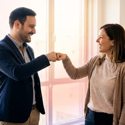 Two smiling colleagues doing a fist bump with abstract geometric graphics in the background.