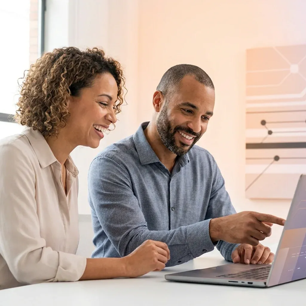 Two smiling colleagues collaborating, with the man pointing at a laptop screen.