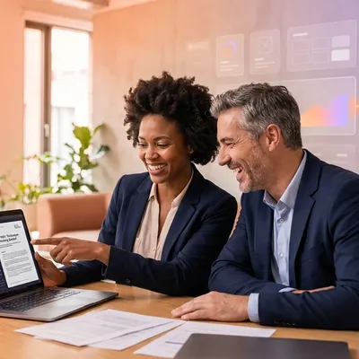 Two smiling business professionals looking at a laptop with digital data graphics behind them.