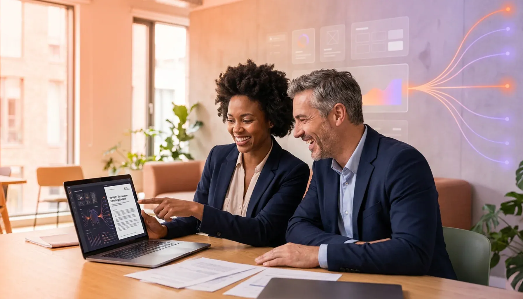 Two smiling business professionals looking at a laptop with digital data graphics behind them.