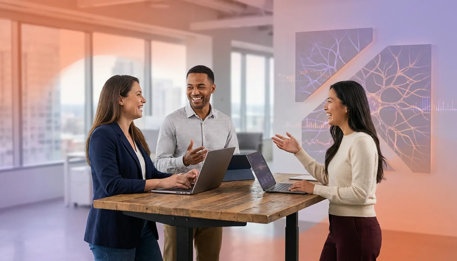 Three business professionals collaborating around a standing desk with laptops in a modern office.