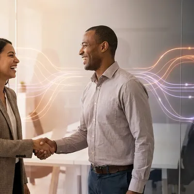 Two smiling business professionals shaking hands in an office with glowing digital network lines.