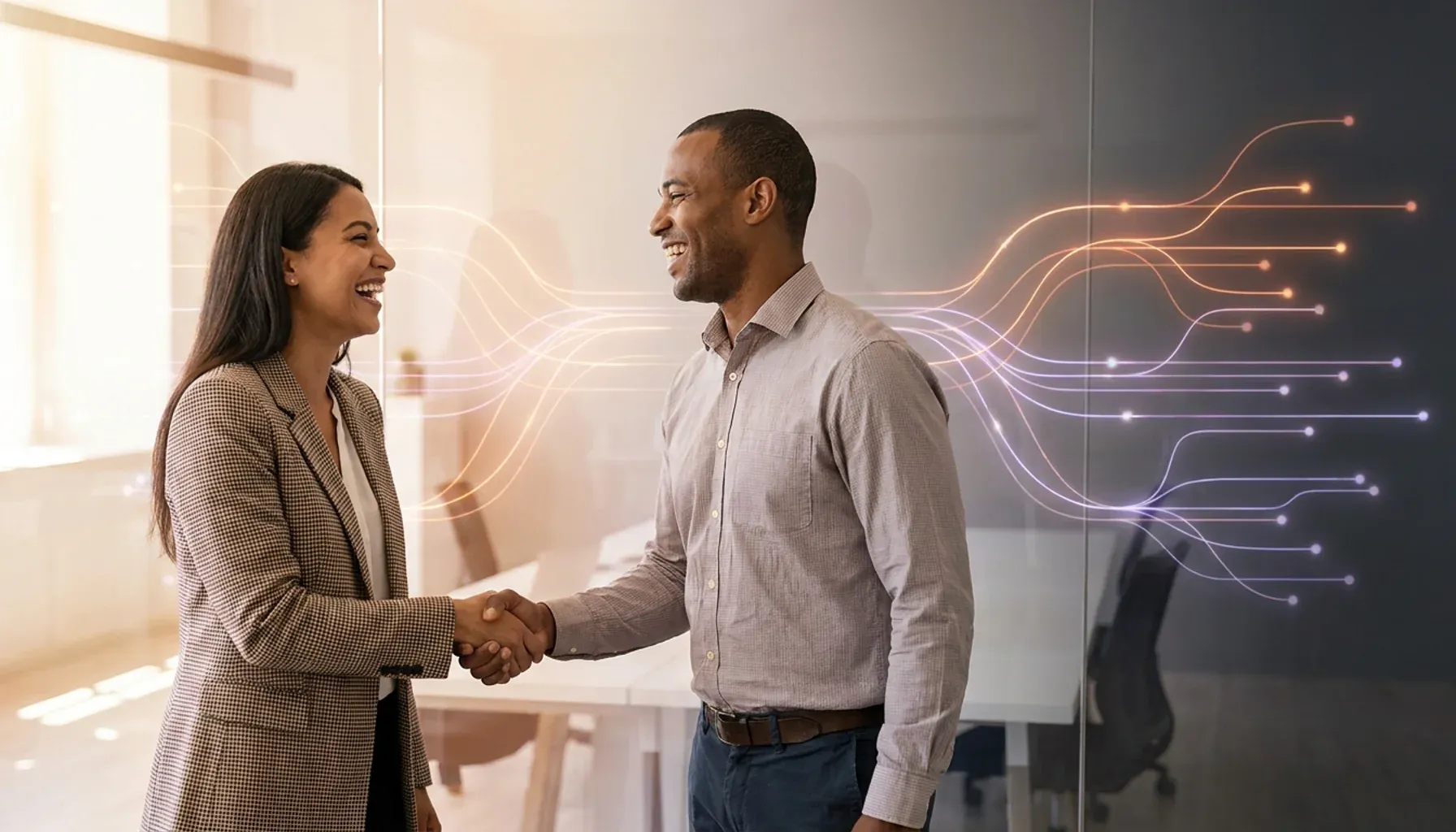 Two smiling business professionals shaking hands in an office with glowing digital network lines.