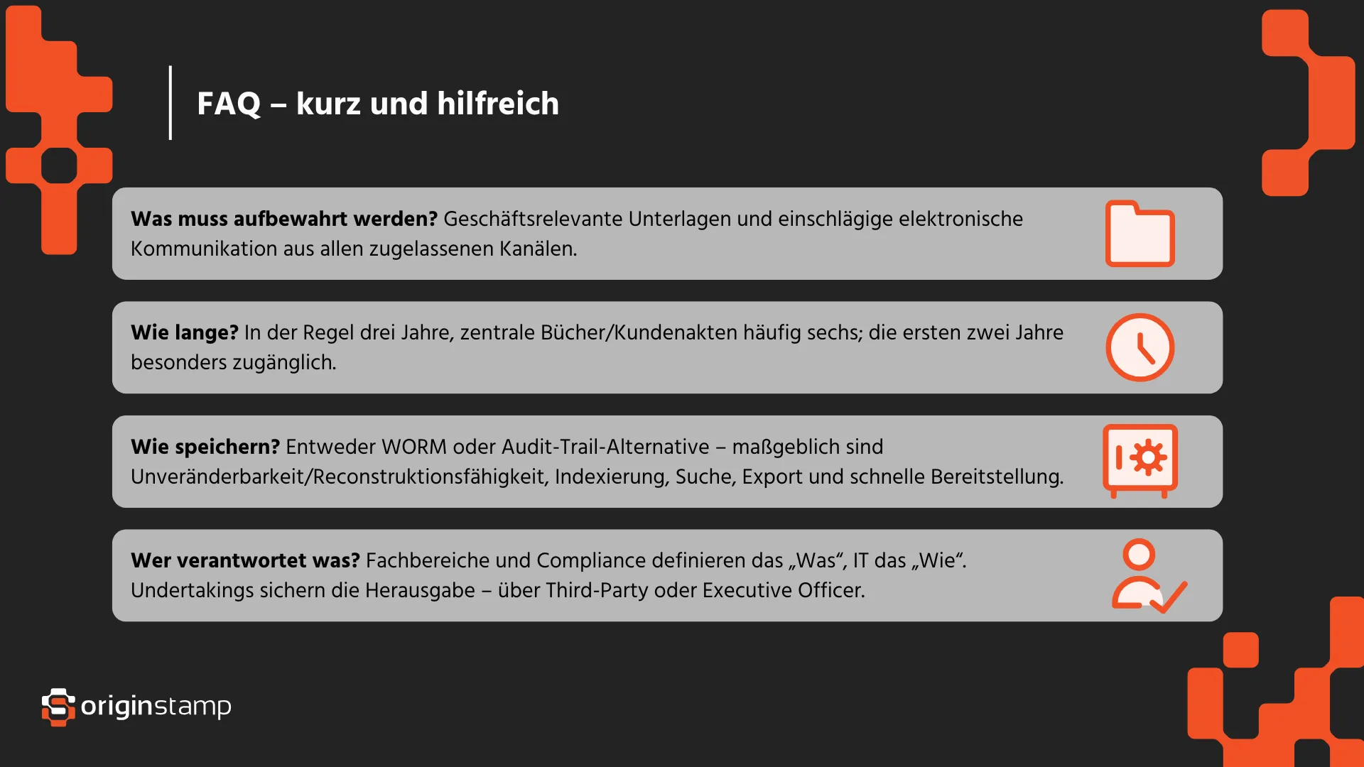 Liste mit oft aufkommenden Fragen zur SEC RULE 17a-4.