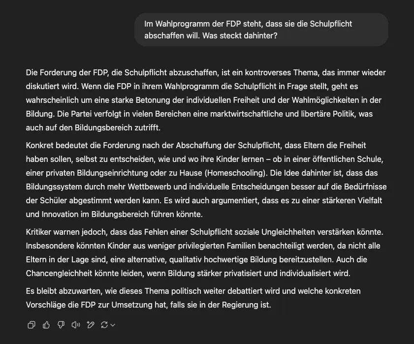 Antwort auf die Frage zur Abschaffung der Schulpflicht durch die FDP ohne Quelle
