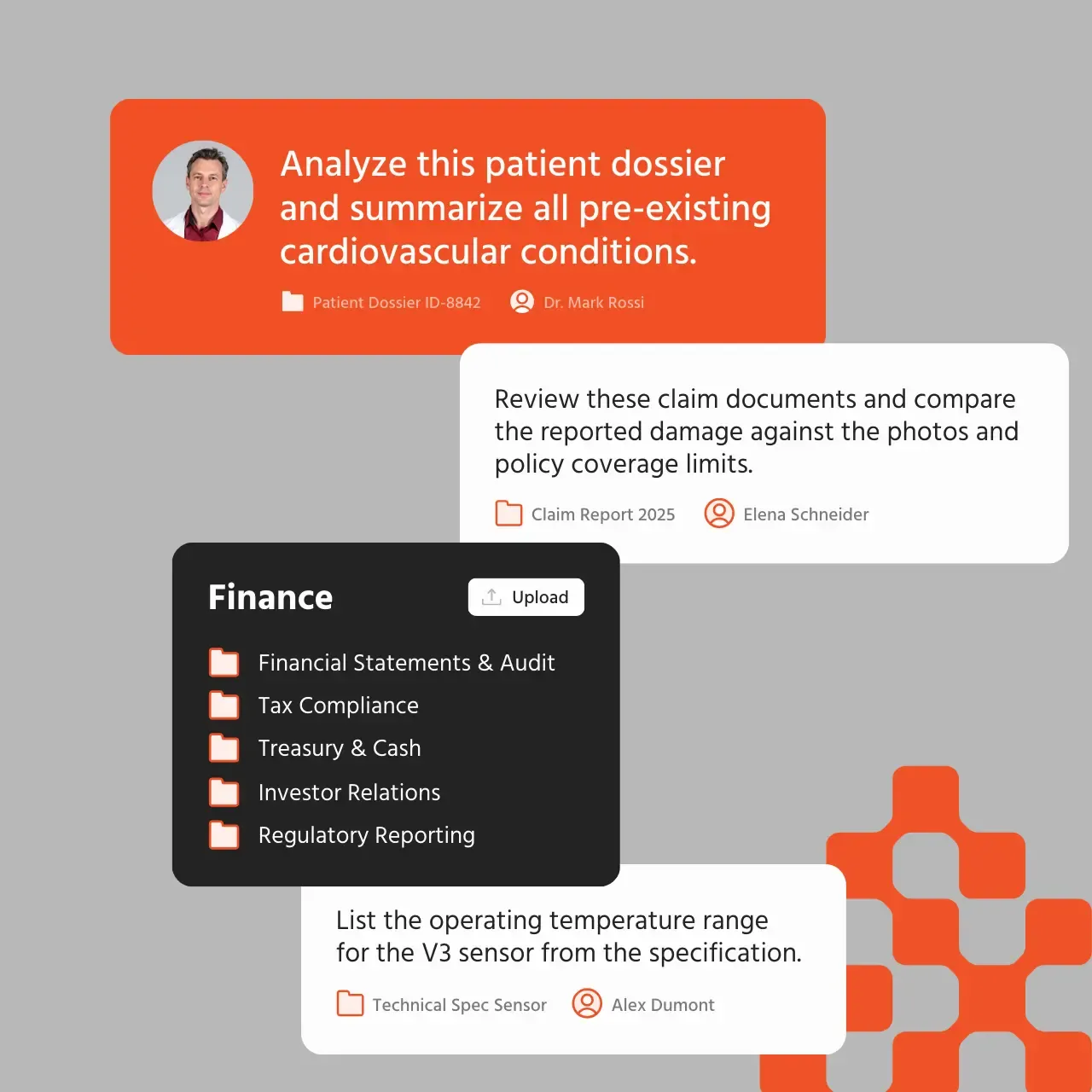 Floating interface cards showing task prompts and a finance folder menu.