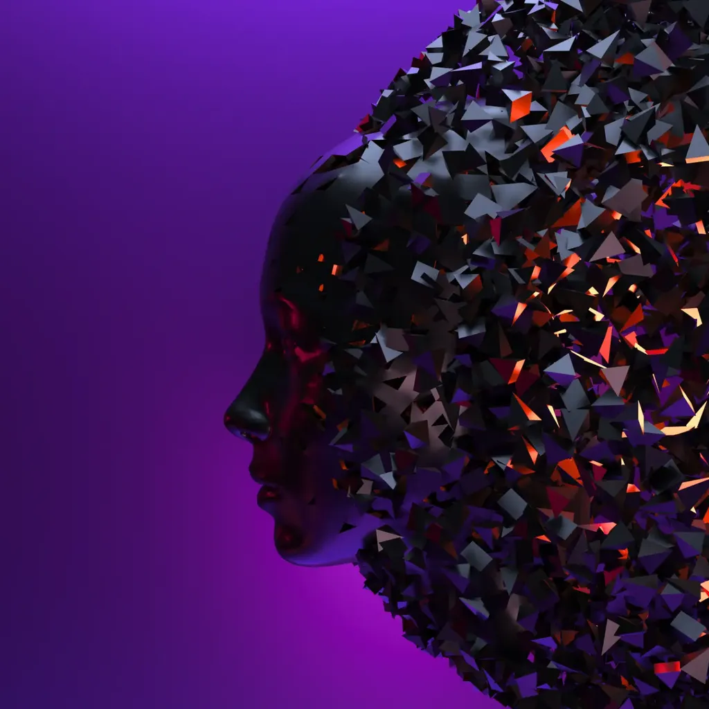 Profil eines stilisierten Gesichts, das in glühende Splitter zerfällt.