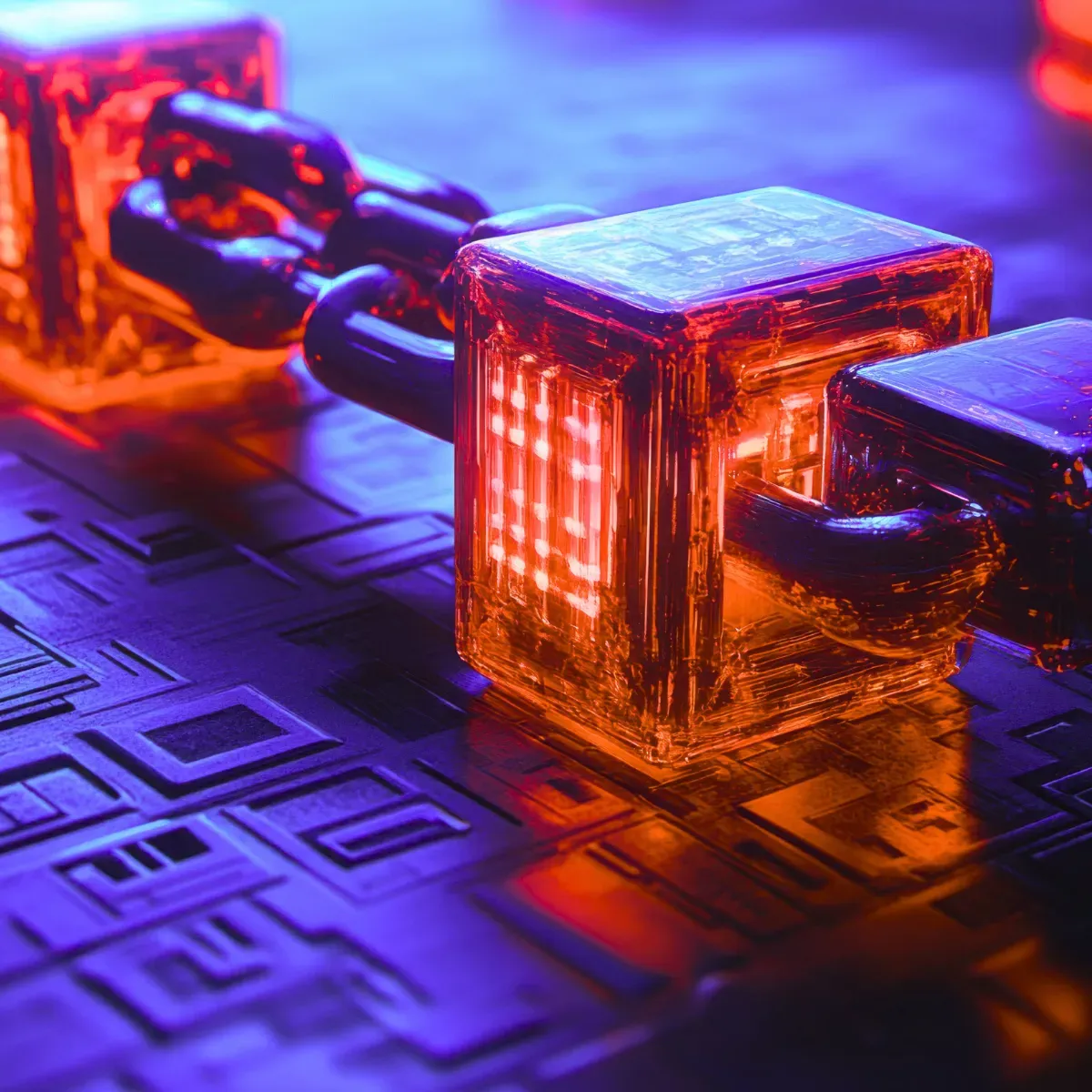 Glowing digital blockchain chain in orange and purple