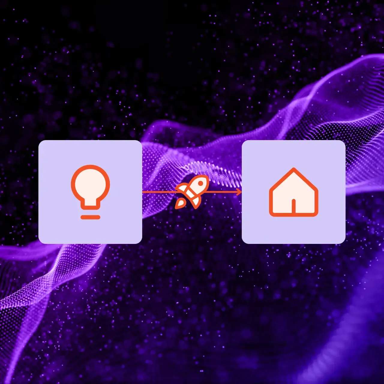 Lightbulb and house icons linked by a rocket arrow.