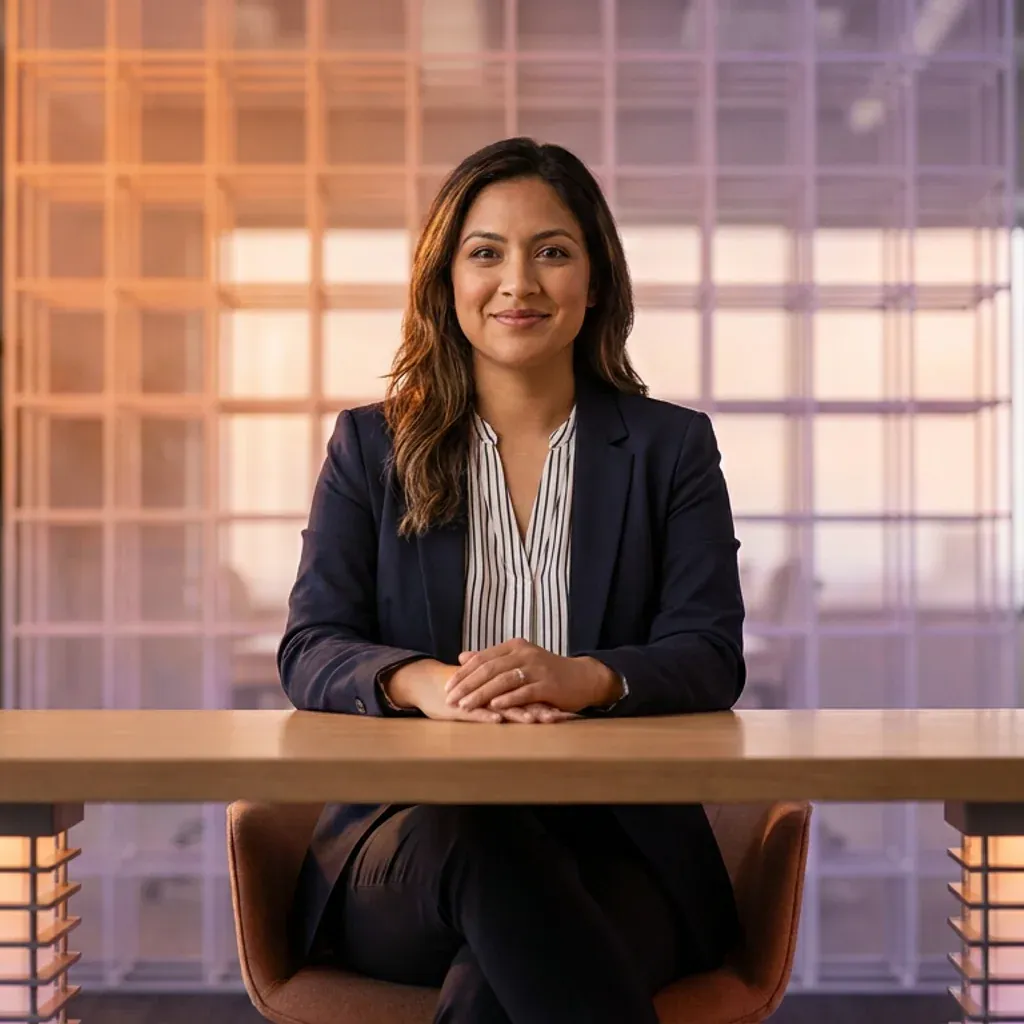Smiling businesswoman sitting at a desk in a modern office.
