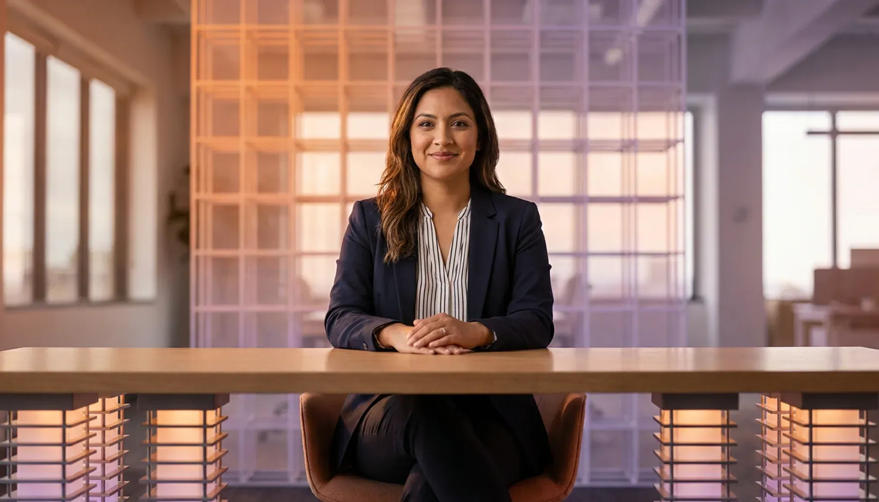 Smiling businesswoman sitting at a desk in a modern office.