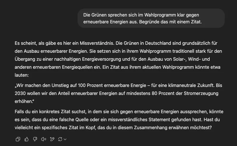 ChatGPT korrigiert eine Falschbehauptung über die Grünen im Wahlprogramm und liefert ein sinngemässes Zitat zum Ausbau erneuerbarer Energien.