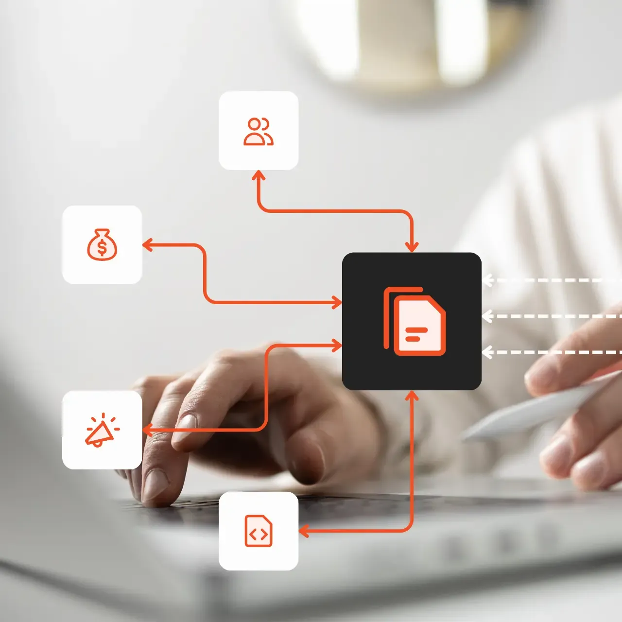 Hands typing on a laptop with an overlaid digital flowchart.